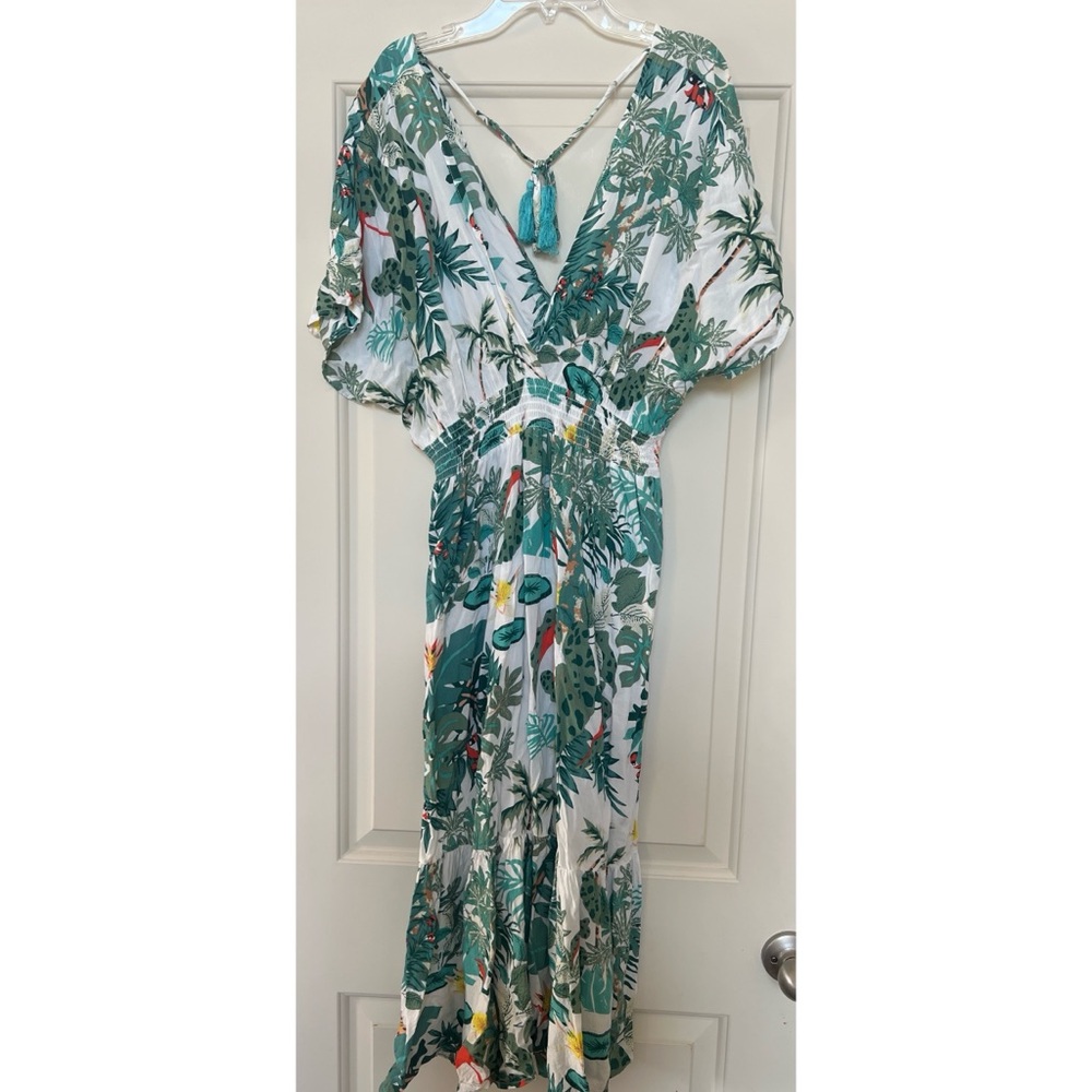 blue island Green Tropical Print Maxi Dress with Teal Tassel